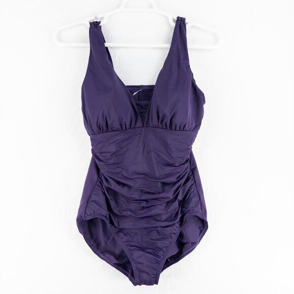 Lands' End Women's Slender Grecian one-piece swimsuit purple shirring V-Neck 16L - Picture 1 of 11